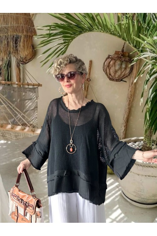 Maggli İthal Geniş Kol File Bluz & Atlet Seti (Kolyeli) Siyah