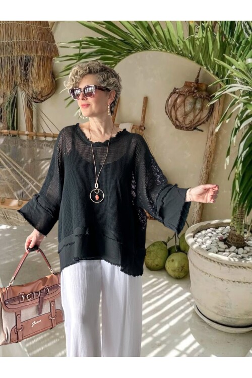 Maggli İthal Geniş Kol File Bluz & Atlet Seti (Kolyeli) Siyah