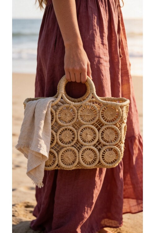 Marea %100 El Örgüsü Hasır Dantel Stil Çanta