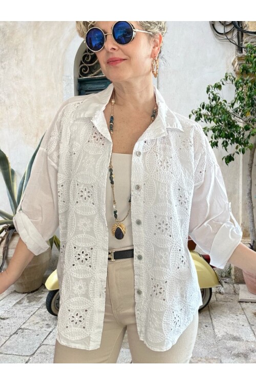 Mayya İtalyan Çiçek Fisto Detaylı Gömlek Beyaz