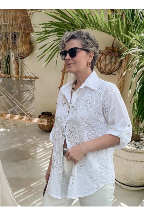 Melly İtalyan Fisto Pul Detay Gömlek Beyaz