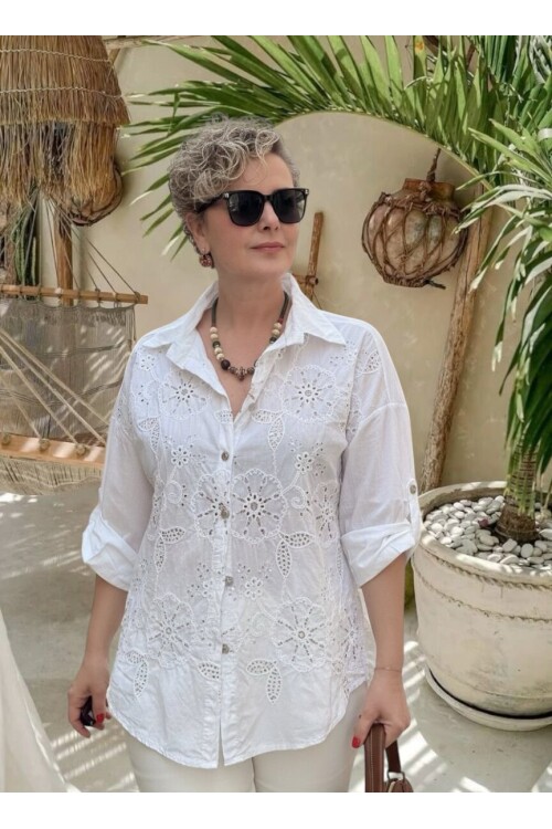 Melly İtalyan Fisto Pul Detay Gömlek Beyaz