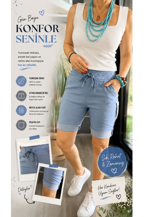 Menton  İtalyan Stil Likralı Şort Jeans Mavi