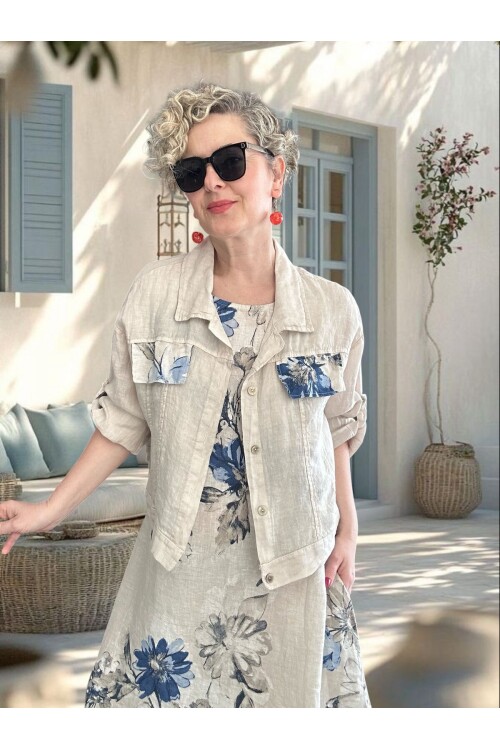 Mikka İthal %100 Linen Ceket & Kolsuz Elbise Takımı Beige