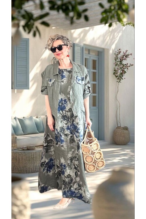 Mikka İthal %100 Linen Ceket & Kolsuz Elbise Takımı Haki