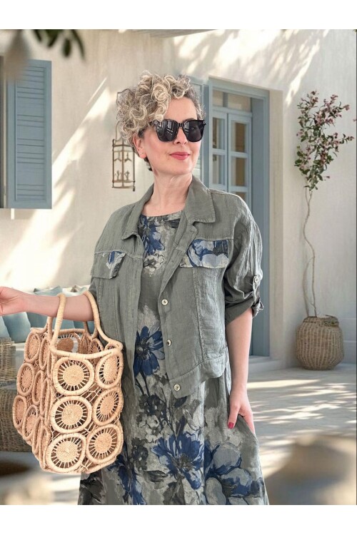 Mikka İthal %100 Linen Ceket & Kolsuz Elbise Takımı Haki