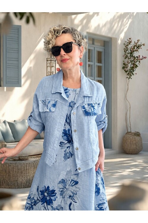 Mikka İthal %100 Linen Ceket & Kolsuz Elbise Takımı Bebe Mavi