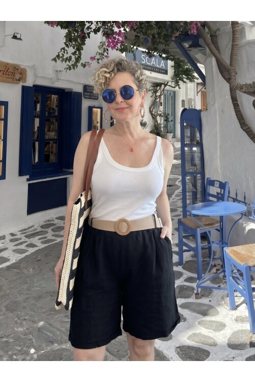 Mira | İtalyan Kemerli %100 Linen Şort Siyah
