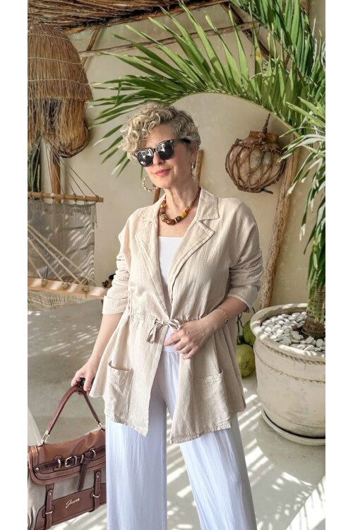 Mosas Büzgü Detaylı Pamuklu Tasarım Ceket Bej