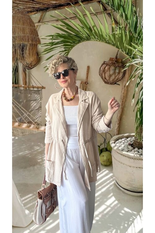 Mosas Büzgü Detaylı Pamuklu Tasarım Ceket Bej