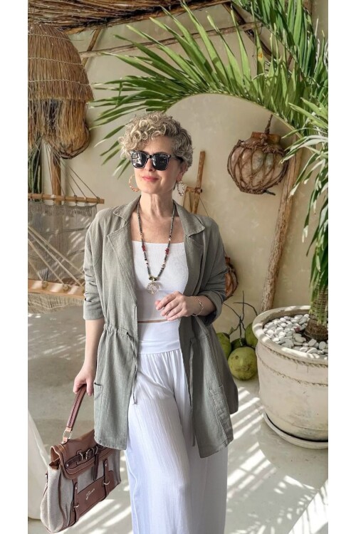 Mosas Büzgü Detaylı Pamuklu Tasarım Ceket Haki