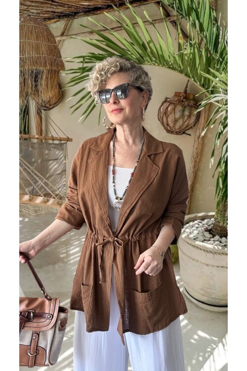 Mosas Büzgü Detaylı Pamuklu Tasarım Ceket Kahve