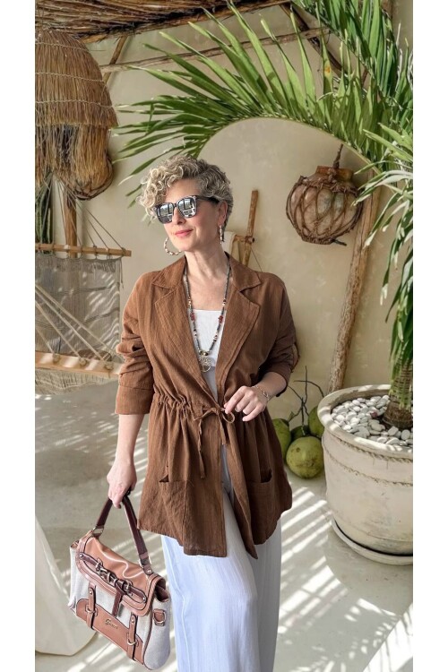 Mosas Büzgü Detaylı Pamuklu Tasarım Ceket Kahve