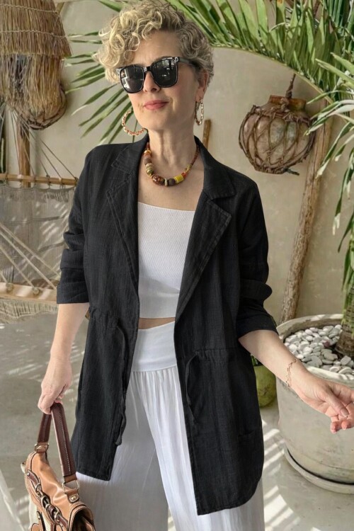 Mosas Büzgü Detaylı Pamuklu Tasarım Ceket Siyah