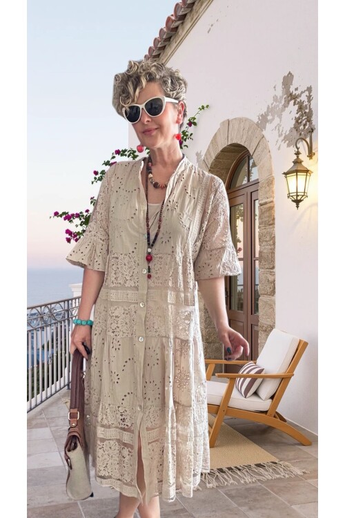 Nessi İtalyan Brode Gömlek Elbise Beige