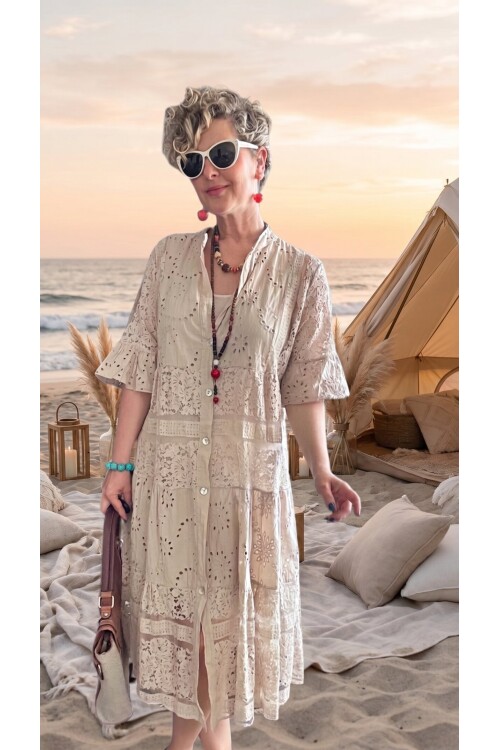 Nessi İtalyan Brode Gömlek Elbise Beige