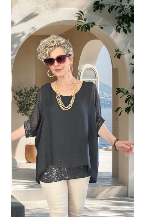 Notte İthal Pul Payetli İpek Bluz Antrasit