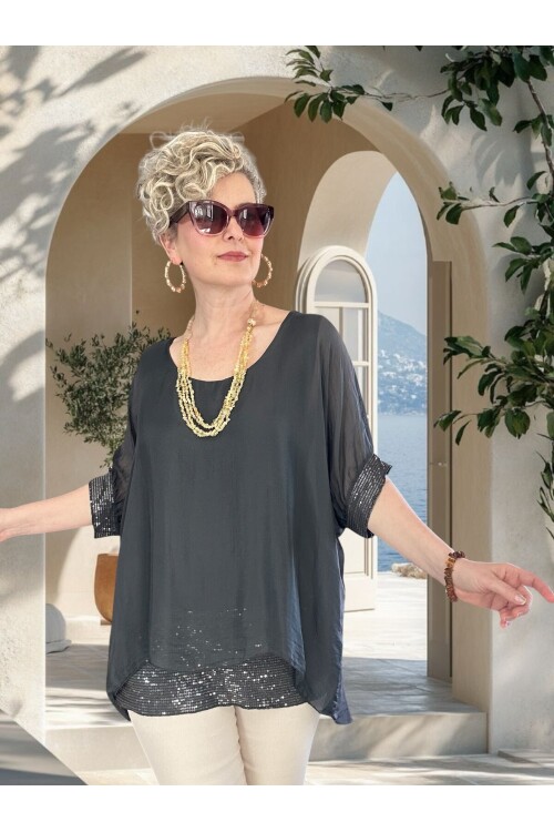 Notte İthal Pul Payetli İpek Bluz Antrasit