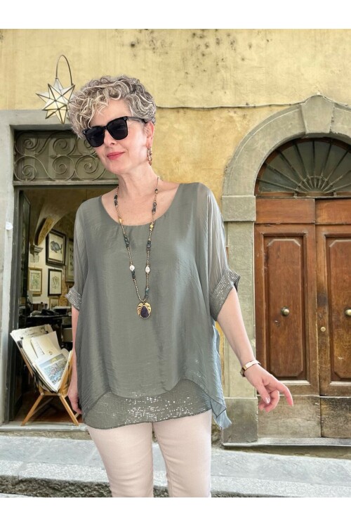 Notte İthal Pul Payetli İpek Bluz Haki