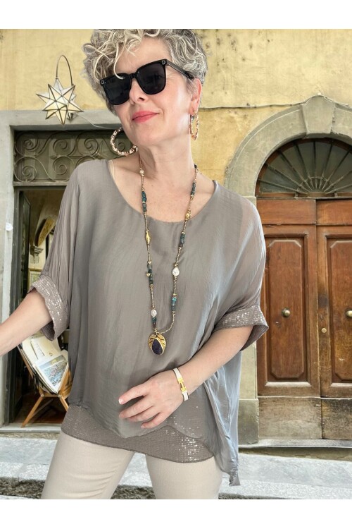 Notte İthal Pul Payetli İpek Bluz Vizon