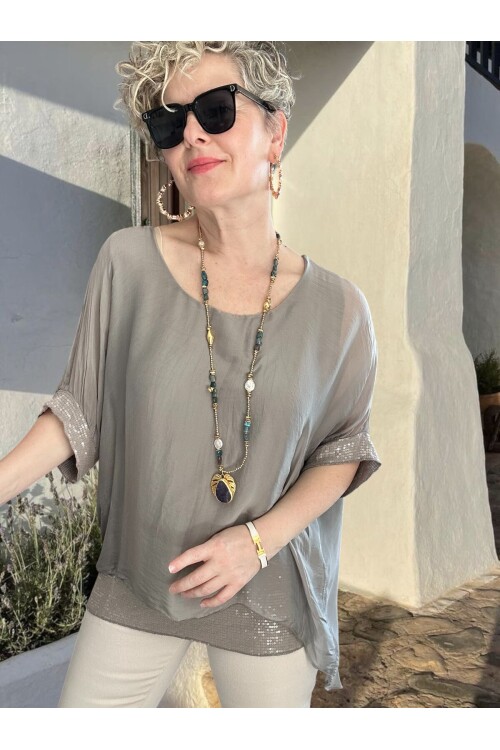 Notte İthal Pul Payetli İpek Bluz Vizon