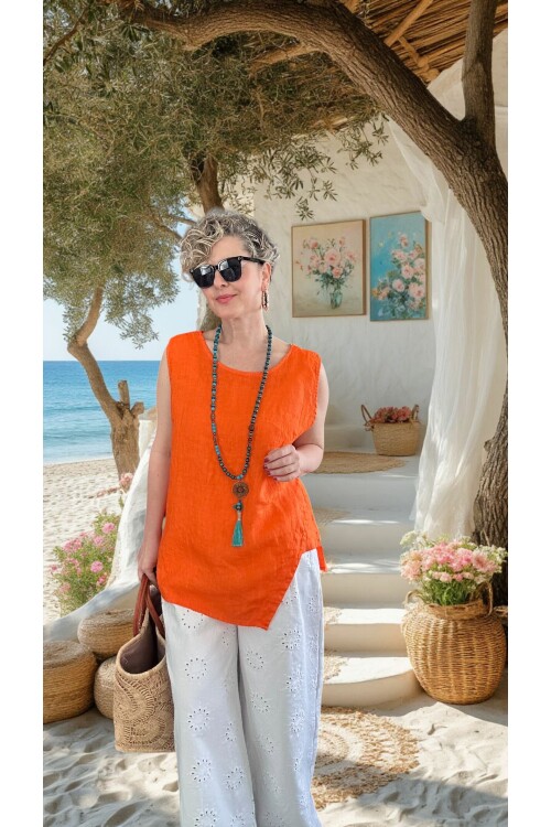 Nuvvo İthal %100 Linen Sırt Düğmeli Asimetrik Bluz Turuncu