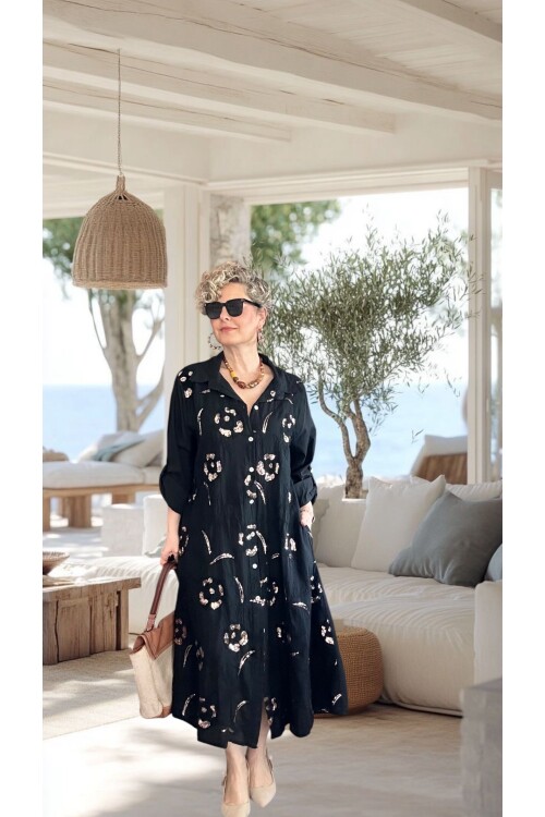 Orro İtalyan Nakışlı Payet Detaylı Gömlek Elbise Kap Siyah