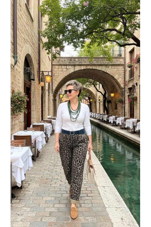Oyyo İtalyan Deri Kemer Leopar Desen Pantolon Kahverengi