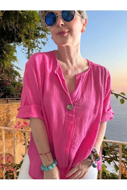 Peppino İtalyan Tahta Düğme Detay Bluz Fuşya