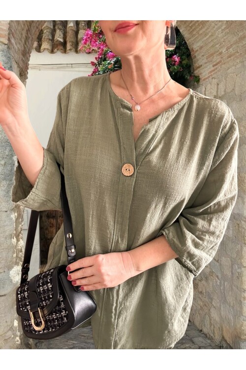 Peppino İtalyan Tahta Düğme Detay Bluz Haki