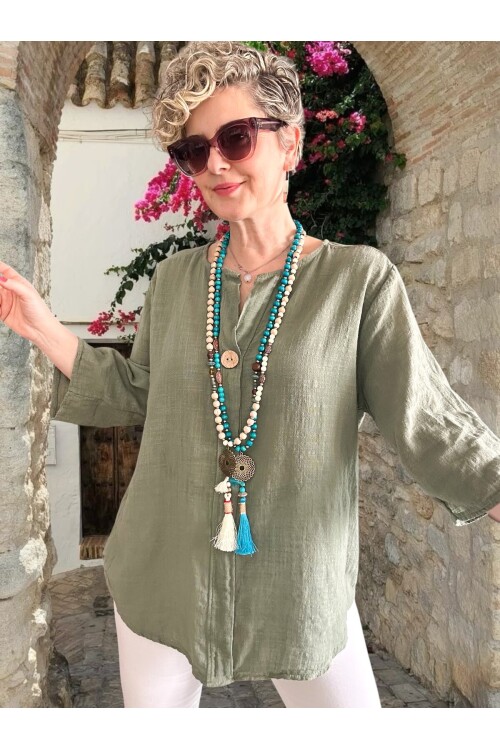 Peppino İtalyan Tahta Düğme Detay Bluz Haki