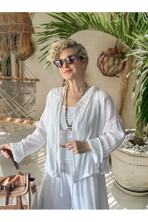 Pirlo İtalyan Pul Detaylı Kapüşonlu File Ceket Beyaz