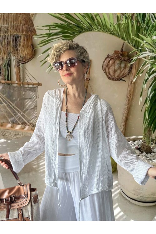 Pirlo İtalyan Pul Detaylı Kapüşonlu File Ceket Beyaz