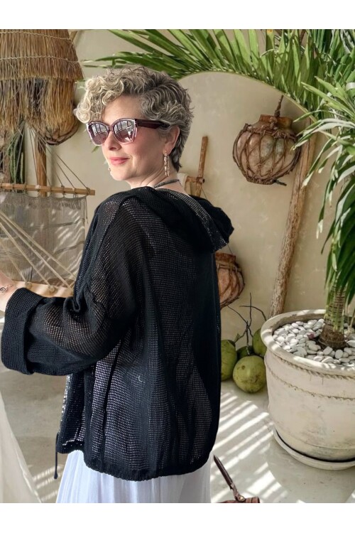 Pirlo İtalyan Pul Detaylı Kapüşonlu File Ceket Siyah