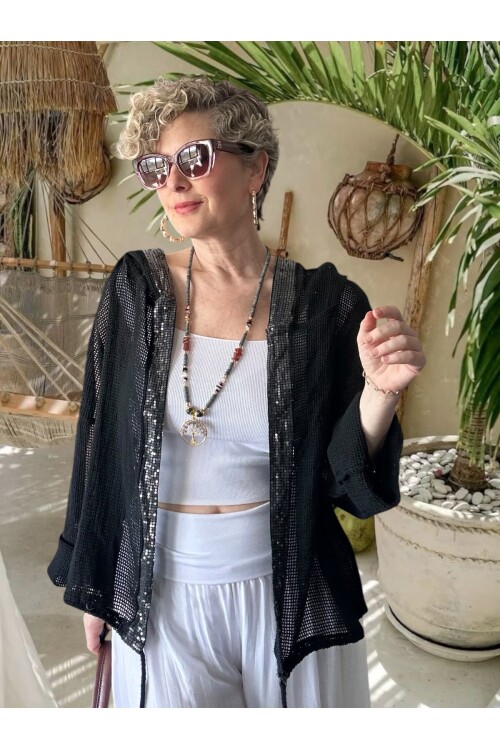 Pirlo İtalyan Pul Detaylı Kapüşonlu File Ceket Siyah