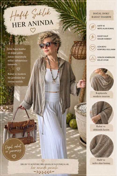 Pirlo İtalyan Pul Detaylı Kapüşonlu File Ceket Vizon