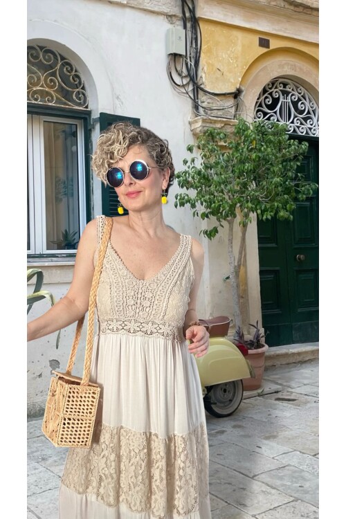 Pizzo İtalyan Brode İşlemeli Elbise Beige