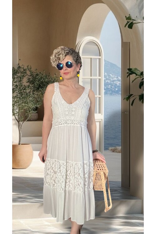 Pizzo İtalyan Brode İşlemeli Elbise Beyaz