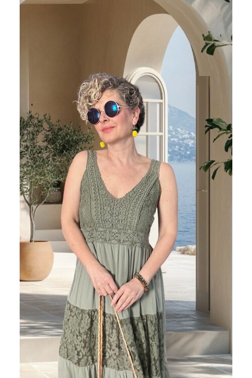 Pizzo İtalyan Brode İşlemeli Elbise Haki