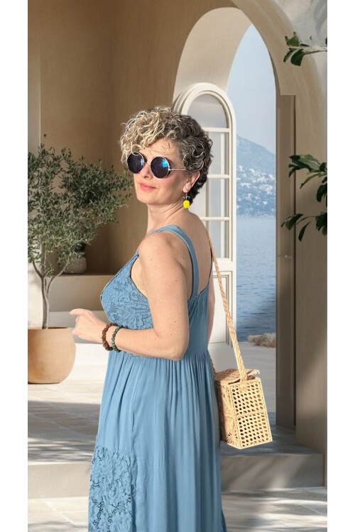 Pizzo İtalyan Brode İşlemeli Elbise İndigo