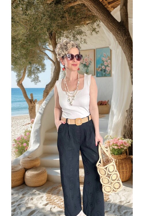 Prato Hasır Kemerli Fisto Nakışlı Pamuk Pantolon Siyah