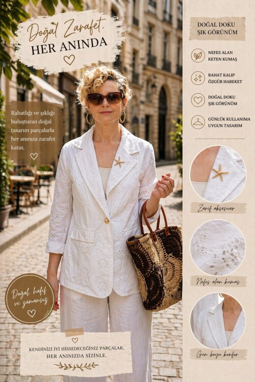 Primma | Fisto Nakışlı & Yıldız Broşlu Pamuk Blazer Beyaz