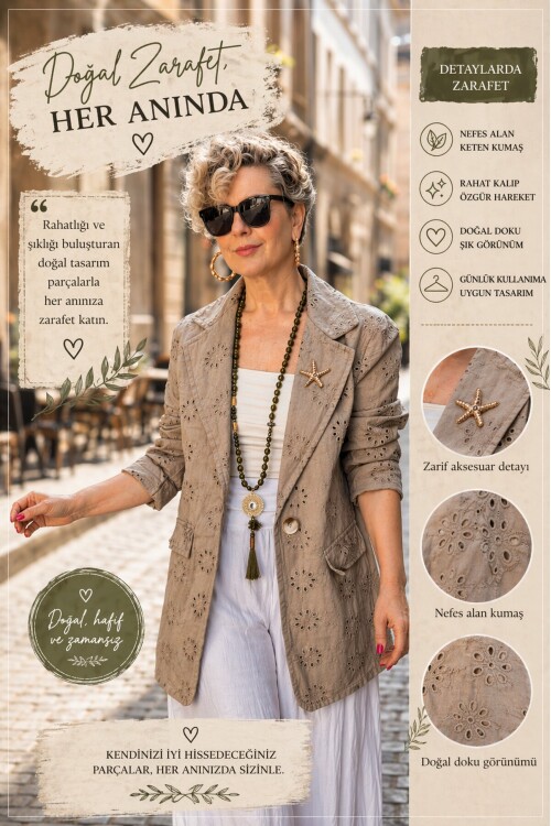 Primma | Fisto Nakışlı & Yıldız Broşlu Pamuk Blazer Fango