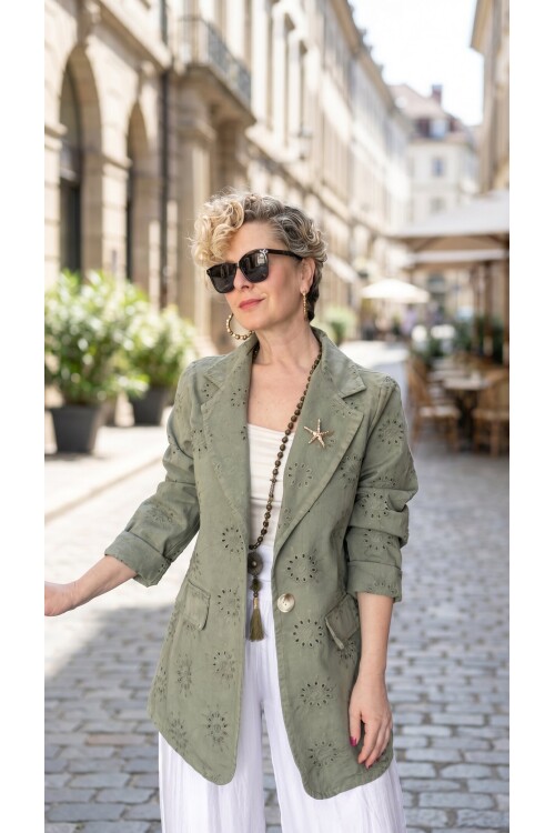 Primma | Fisto Nakışlı & Yıldız Broşlu Pamuk Blazer Haki