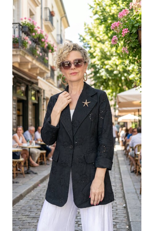 Primma | Fisto Nakışlı & Yıldız Broşlu Pamuk Blazer Siyah