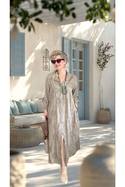 Pucca İtalyan Çiçek Detaylı Gömlek  Elbise Kap Fango