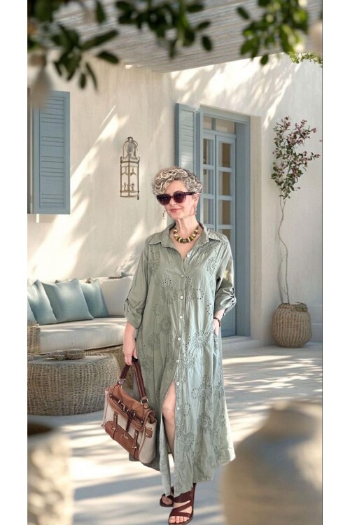 Pucca İtalyan Çiçek Detaylı Gömlek  Elbise Kap Haki Yeşil