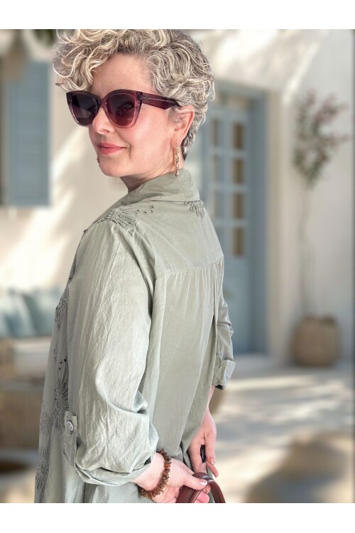 Pucca İtalyan Çiçek Detaylı Gömlek  Elbise Kap Haki Yeşil