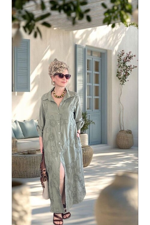 Pucca İtalyan Çiçek Detaylı Gömlek  Elbise Kap Haki Yeşil