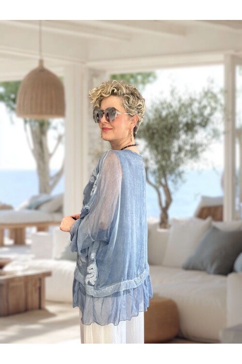 Purro İpek & Vizkoz Karışımlı Payet İşlemeli Bluz İndigo